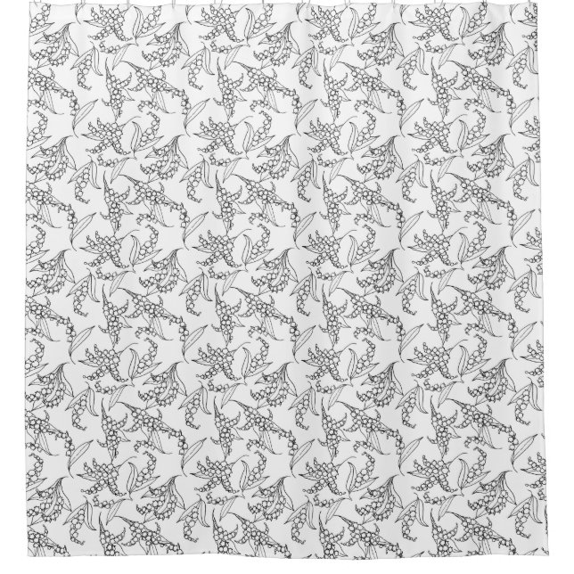 Lily-of-the-Valley Floral Motif Black on White Shower Curtain (Front)