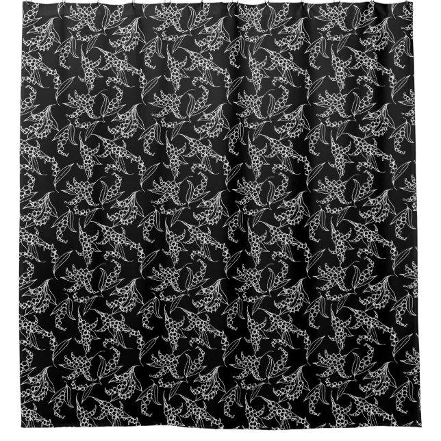 Lily-of-the-Valley Floral Motif White on Black Shower Curtain (Front)