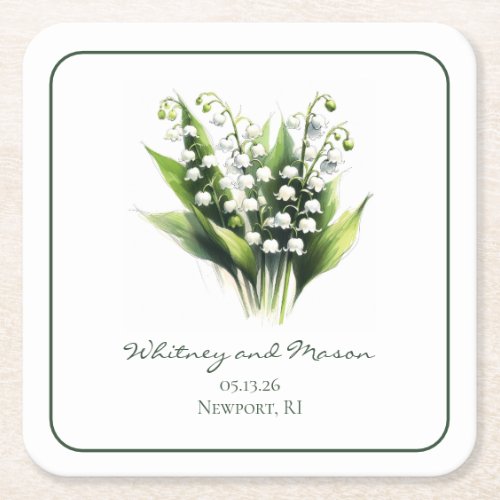 Lily of the Valley Flower Custom Wedding Cocktail Square Paper Coaster
