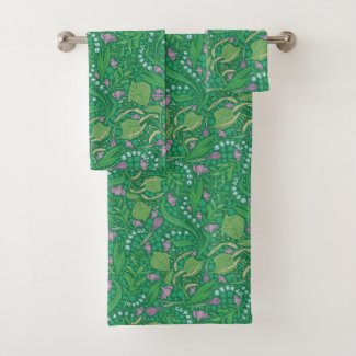 Lily of the Valley Green Garden Print Bath Towels
