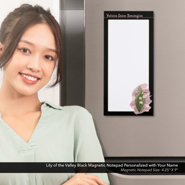 Lily of the Valley Happiness Personalized Black Magnetic Notepad (Lily of the Valley, Watercolor Flowers, Black Magnetic Notepad Personalized with Your Name)