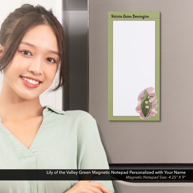 Lily of the Valley Happiness Personalized Green Magnetic Notepad (Lily of the Valley, Watercolor Flowers, Green Magnetic Notepad Personalized with Your Name)