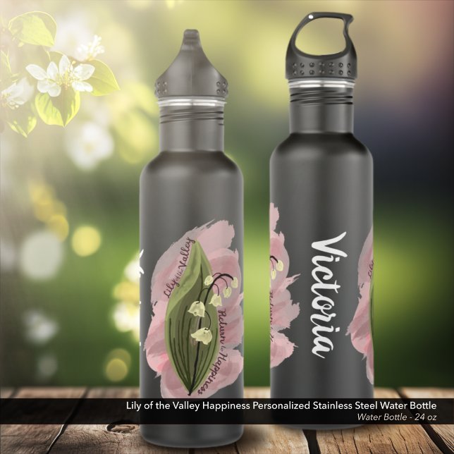 Lily of the Valley Happiness Personalized Stainless Steel Water Bottle (Lily of the Valley Happiness Personalized Stainless Steel Water Bottle - Black)
