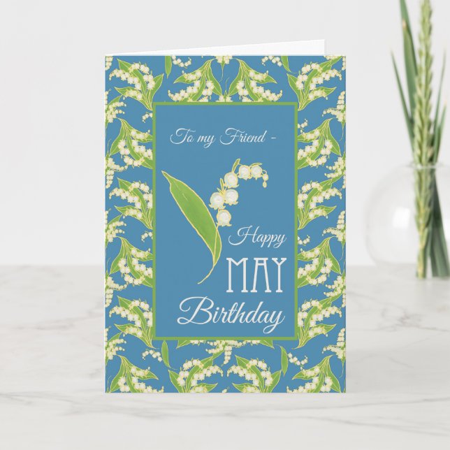Lily-of-the-Valley May Birthday Card, Blue: Friend Card (Front)