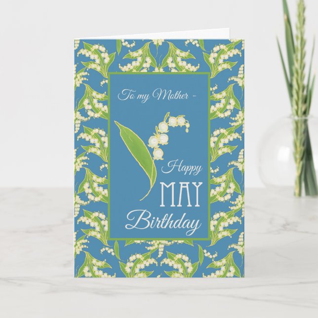 Lily-of-the-Valley May Birthday Card, Blue: Mother Card (Front)