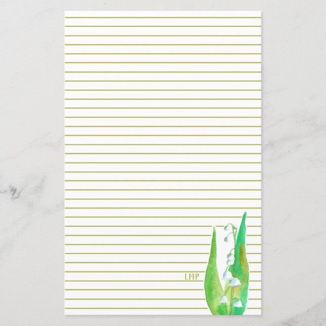 Lily Of The Valley Monogram Green Lined Stationery (Front)