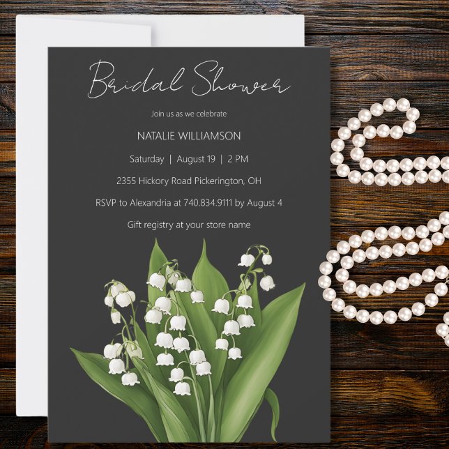 Lily of the Valley on Black Bridal Shower Invitation (Available in additional colors. )