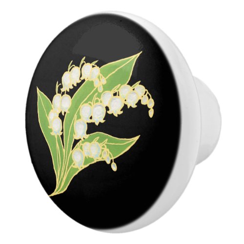 Lily of the Valley on Black Custom Ceramic Knob