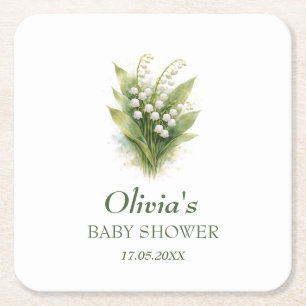 Lily of the Valley White Floral Baby Shower Square Paper Coaster