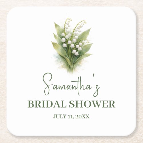 Lily of the Valley White Floral Bridal Shower Square Paper Coaster