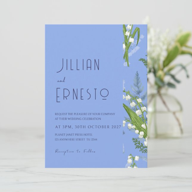Lily of Valley || Light Blue Solid with Edge Invitation (Standing Front)