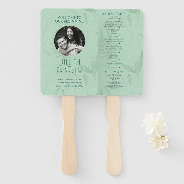 Lily of Valley || Soft Green Photo Dk Green Font Hand Fan (Front and Back)