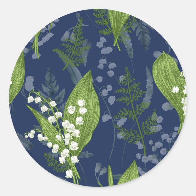 Lily of Valley with Ferns || Dark Blue Classic Round Sticker (Front)