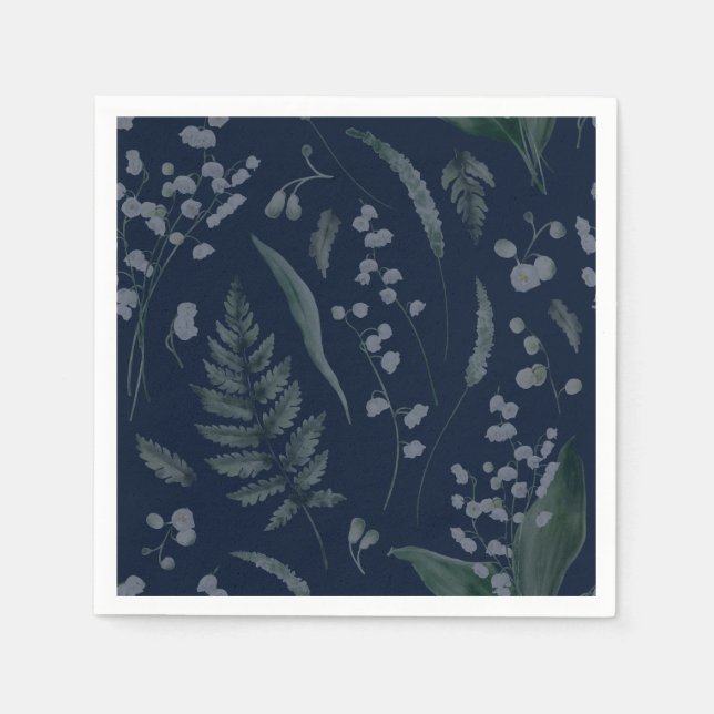 Lily of Valley with Ferns || Dark Blue Napkins (Front)