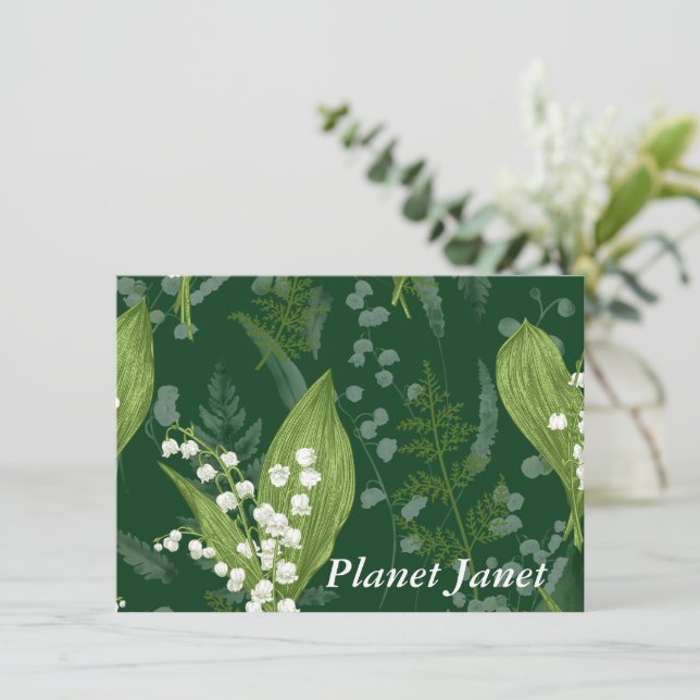 Lily of Valley with Ferns || Dark Green Custom Note Card (Standing Front)
