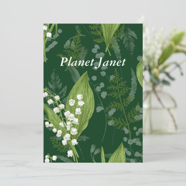 Lily of Valley with Ferns || Dark Green Custom Note Card (Standing Front)