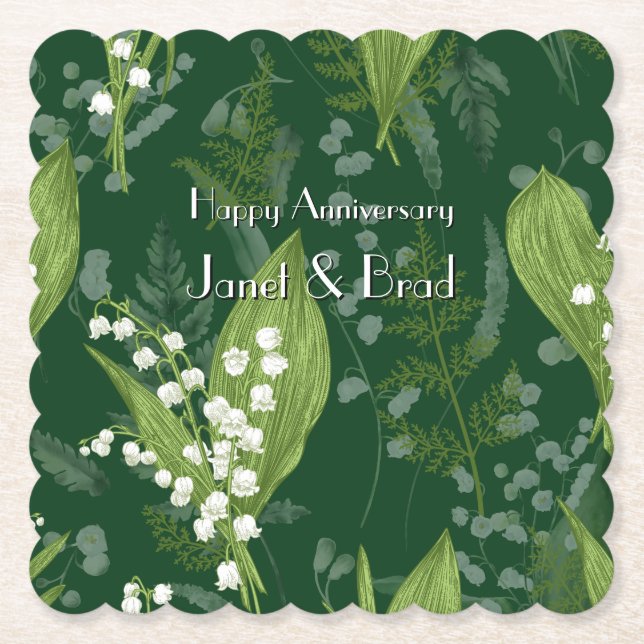 Lily of Valley with Ferns || Dark Green Custom Paper Coaster (Front)