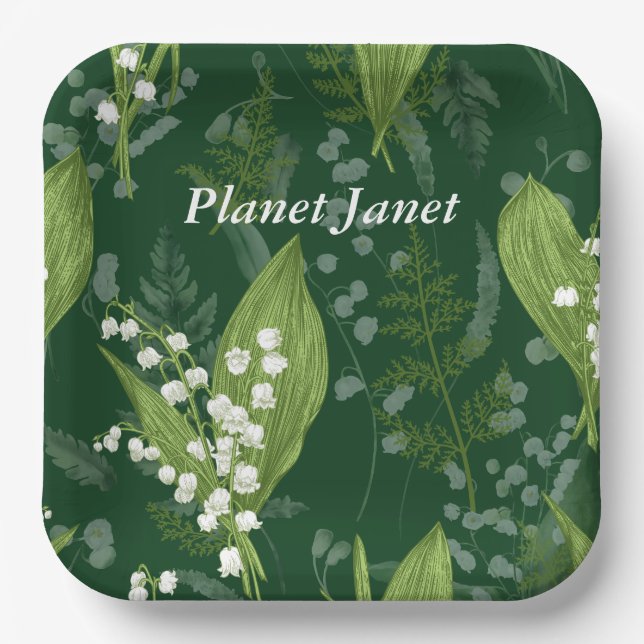 Lily of Valley with Ferns || Dark Green Custom Paper Plates (Front)