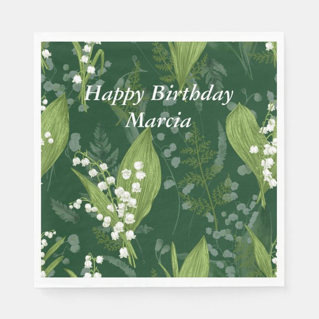 Lily of Valley with Ferns || Dark Green Napkins (Front)