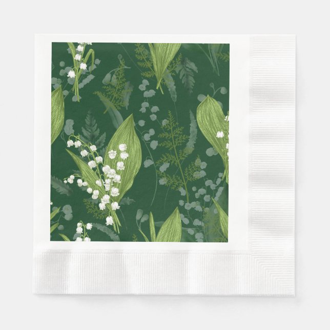 Lily of Valley with Ferns || Dark Green Napkins (Front)
