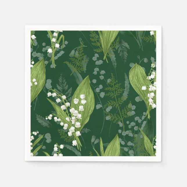 Lily of Valley with Ferns || Dark Green Napkins (Front)