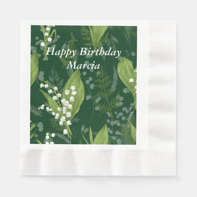 Lily of Valley with Ferns || Dark Green Napkins (Front)