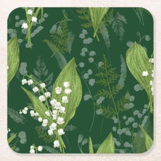 Lily of Valley with Ferns || Dark Green Non Custom Square Paper Coaster