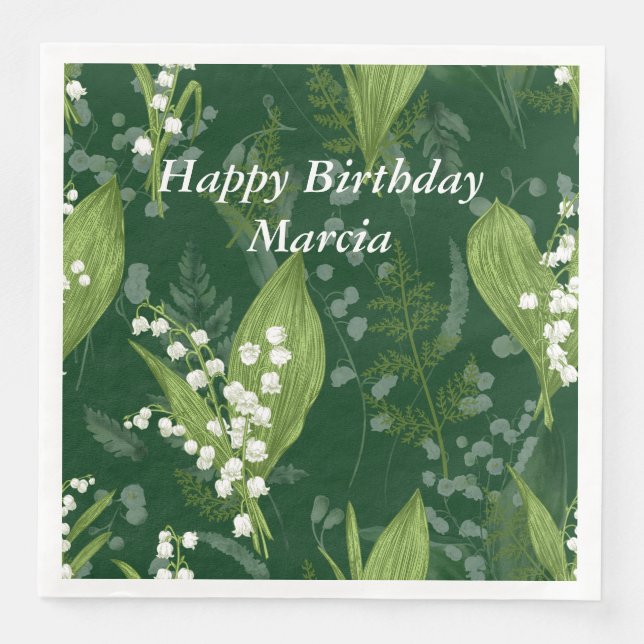 Lily of Valley with Ferns || Dark Green Paper Dinner Napkins (Front)