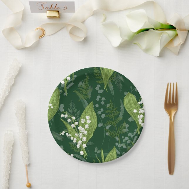 Lily of Valley with Ferns || Dark Green Paper Plates (Wedding)