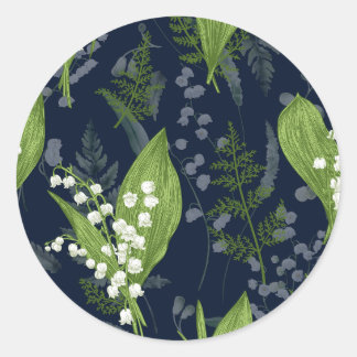 Lily of Valley with Ferns || Deep Dark Blue Classic Round Sticker
