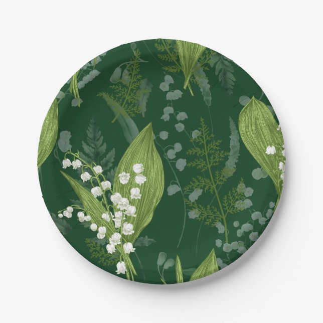 Lily of Valley with Ferns || Dk Green Non Custom  Paper Plates (Front)