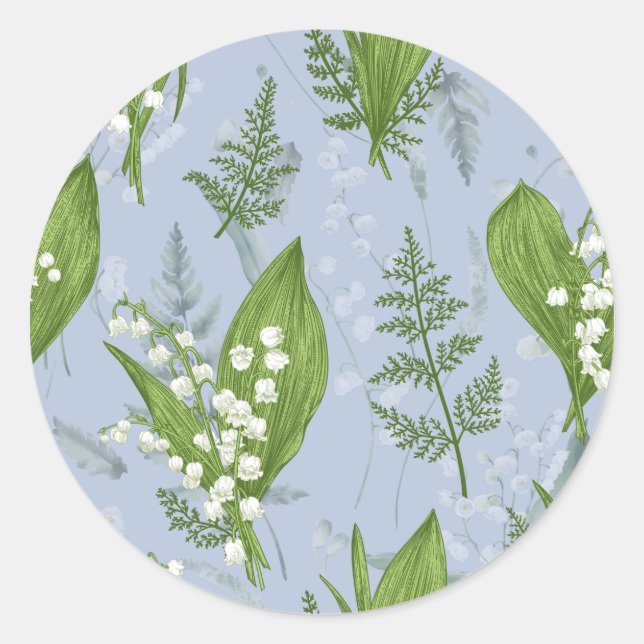 Lily of Valley with Ferns || Light Blue Classic Round Sticker (Front)