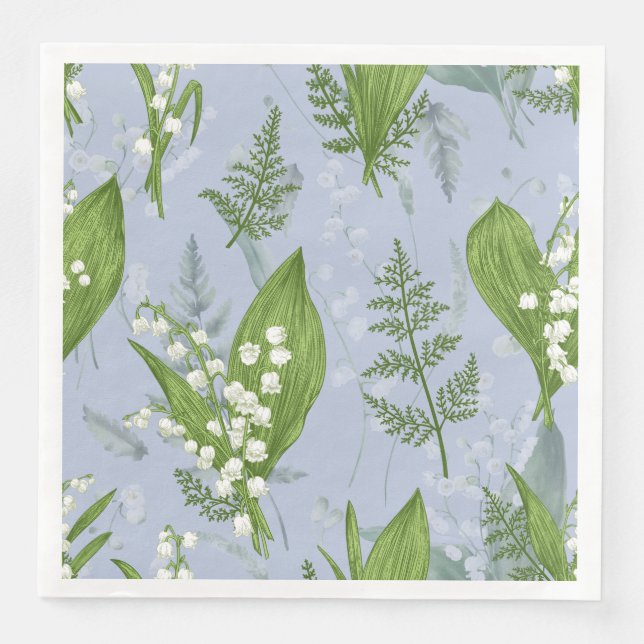 Lily of Valley with Ferns || Light Blue Paper Dinner Napkins (Front)