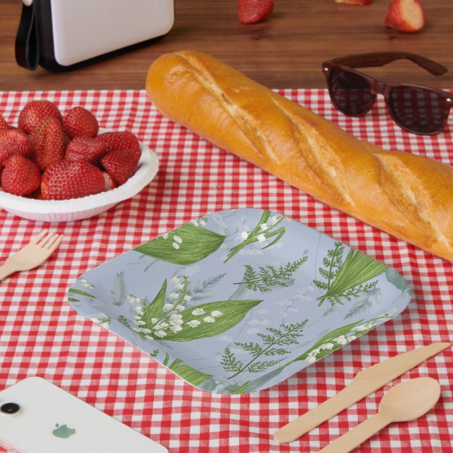Lily of Valley with Ferns || Light Blue Paper Plates (Picnic)