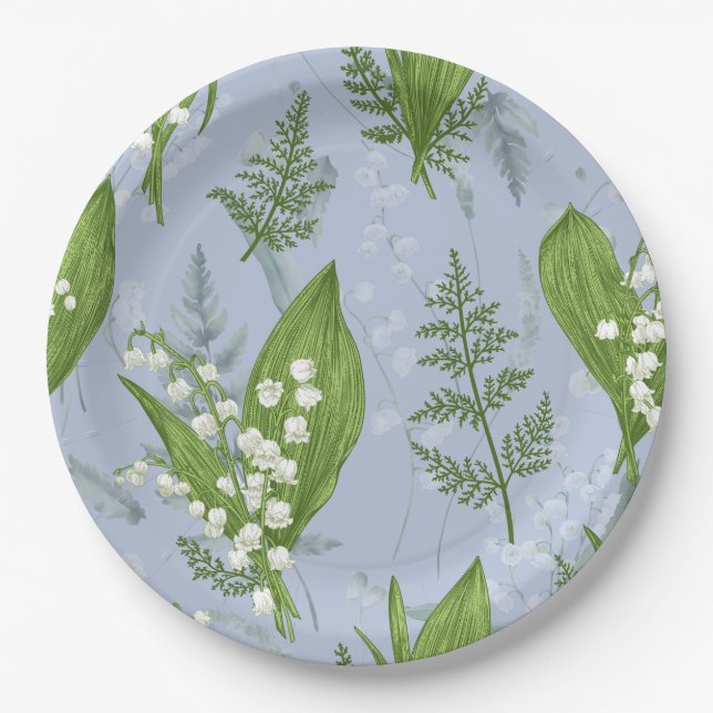 Lily of Valley with Ferns || Light Blue Paper Plates (Front)