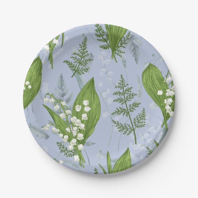 Lily of Valley with Ferns || Light Blue Paper Plates (Front)