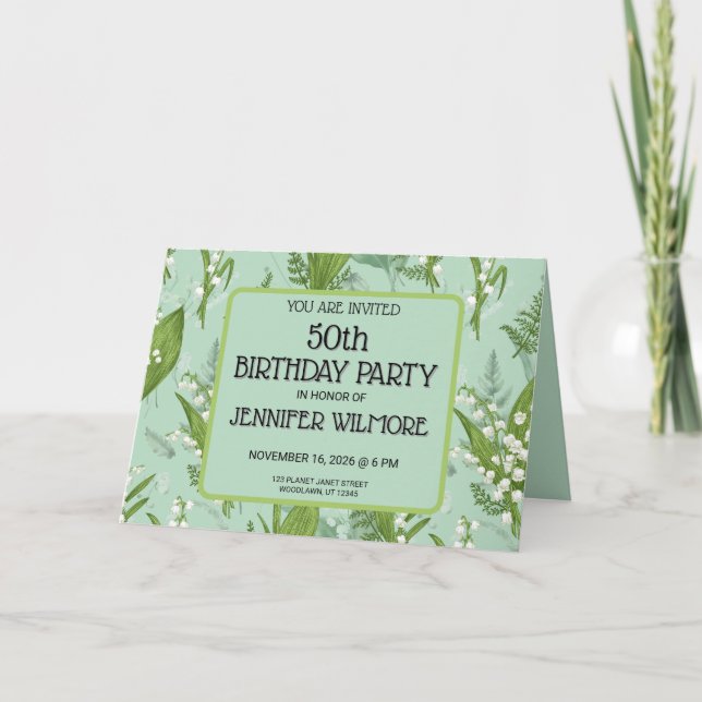 Lily of Valley with Ferns || Sage Green Custom Invitation (Front)