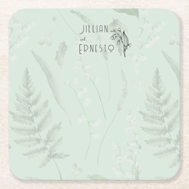 Lily of Valley with Ferns || White Custom Square Paper Coaster (Front)