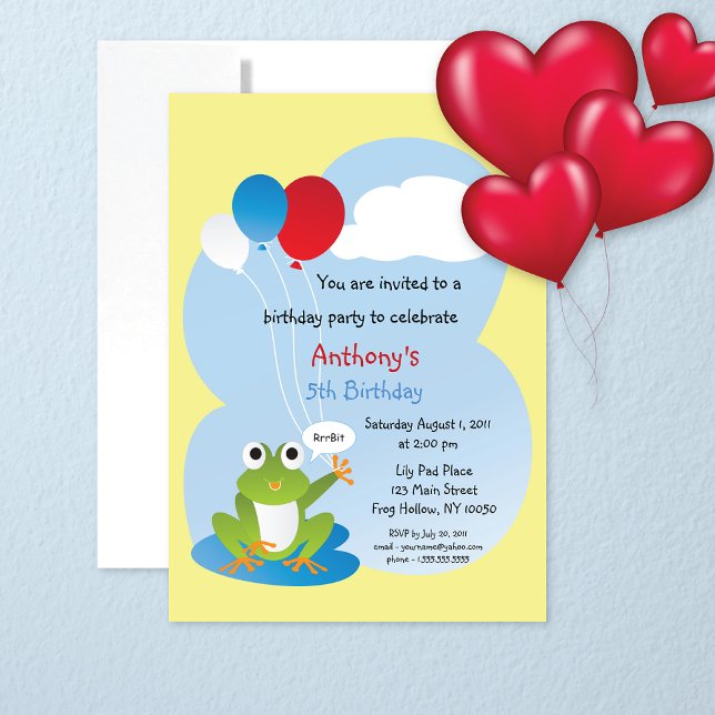 Lily Pad Frog With Balloons Birthday Invitation (Creator Uploaded)