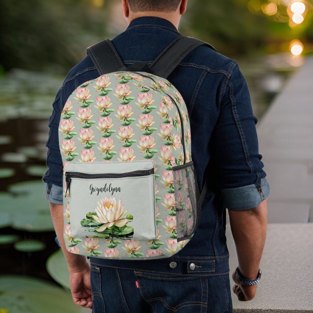 Lily Pad Lotus Flower Pink and Sage Green Monogram Printed Backpack (Creator Uploaded)