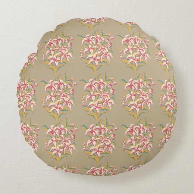 Lily Pattern Repeating Motif Round Pillow (Front)
