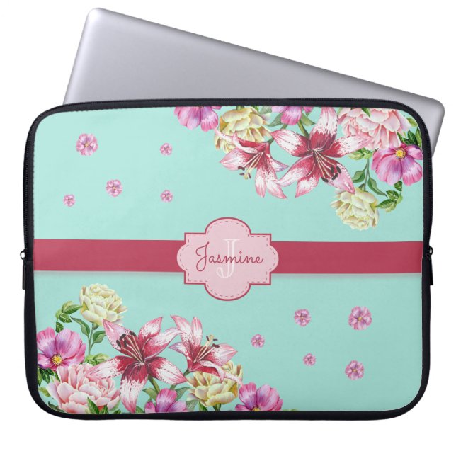 Lily & Peony Floral Aqua Laptop Sleeve (Front)