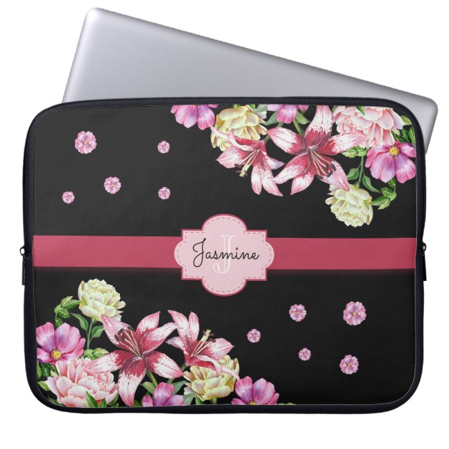 Lily & Peony Floral Black Laptop Sleeve (Front)