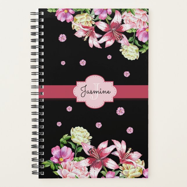 Lily & Peony Floral Black Personalized Planner (Front)