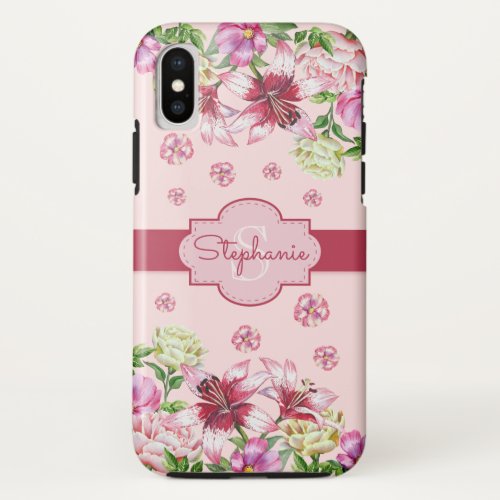 Lily Peony Floral Blush Pink Monogram iPhone XS Case