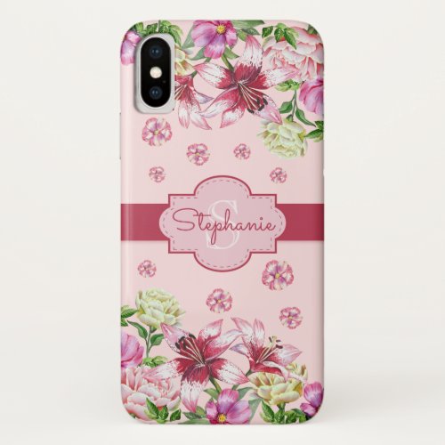 Lily Peony Floral Blush Pink Monogram iPhone XS Case