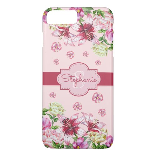 Lily Peony Floral Blush Pink Monogram iPhone 8 Plus7 Plus Case