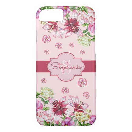 Lily Peony Floral Blush Pink Monogram iPhone 87 Case