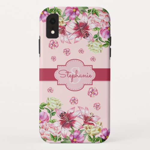 Lily Peony Floral Blush Pink Monogram iPhone XR Case