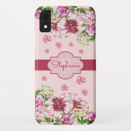 Lily Peony Floral Blush Pink Monogram iPhone XR Case